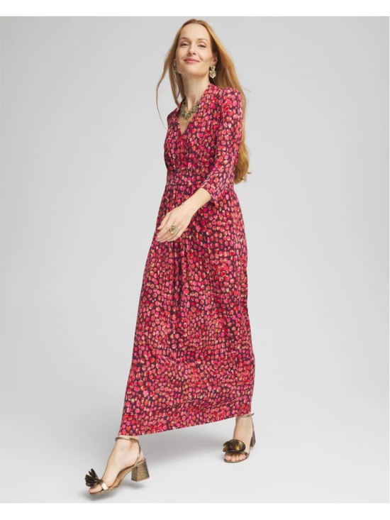 Chico's Dresses & Skirts - Chico's Knit Pleated Maxi Dress A-line Jersey Knit Red Maroon Print